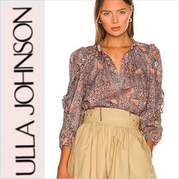 NWOT Ulla Johnson Manet Cotton Ruffle Floral Blouse Aegean Blue Sz 8 Medium - Picture 1 of 15